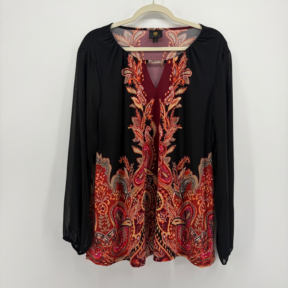 JM Collection Womens 2X Black Red Paisley Tunic Sheer Sleeve Split Neck Top